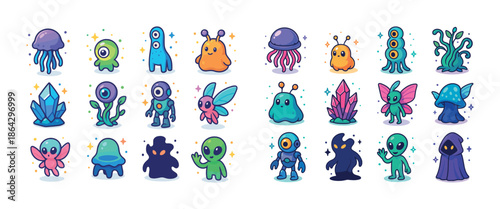 Colorful fantasy creatures collection with aliens, crystals, and mushrooms