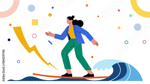 Career Ambition Concept with Business Woman Surfing on Board Flat Design Illustration