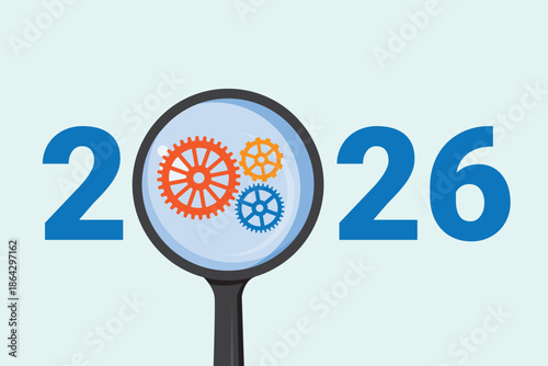 Modern vector illustration of text 2026 where the zero is replaced by a magnifying glass containing a gear icon, representing analysis, business planning, innovation and strategic focus for the year