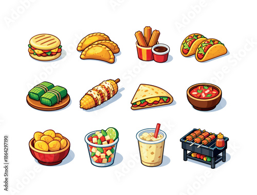 Latin Street Food Icons. Latin street food. Colorful isometric vector icons set of Latin street food: arepas, empanadas, churros, tacos, tamales, elote corn,