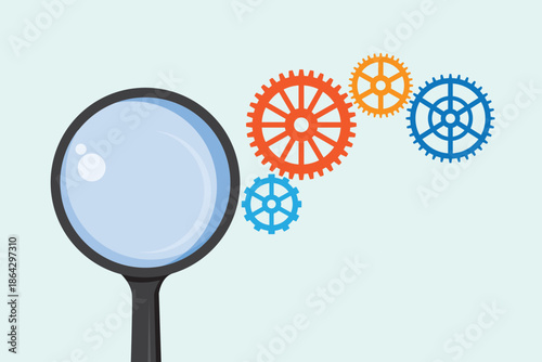 Vector illustration of  gears arranged in a straight line with magnifying glass representing workflow, efficiency, step by step process, and productivity.