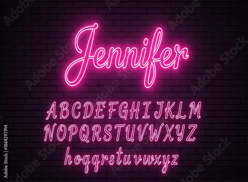 Foto Neon alphabet on a dark brick wall background