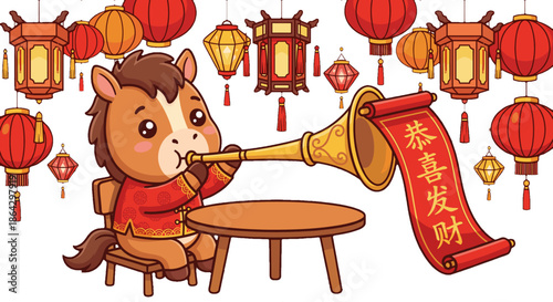 Cute Cartoon Horse Playing a Horn with Chinese New Year Decorations