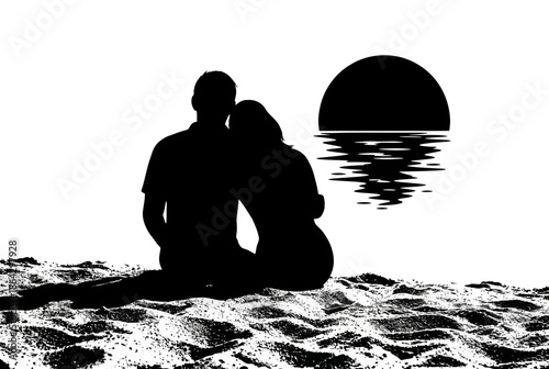 Couple watching sunset by the sea isolated on white background, Vector, illustration