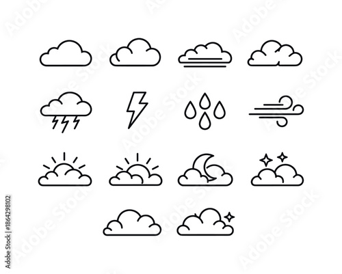 Sky Mood Icons. Sky moods. Line icon set of sky moods: calm cloud, fluffy cloud, overcast layer, broken cloud, storm formation, lightning icon, raindrop