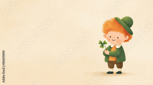 Vintage style illustration of a cute leprechaun holding a four leaf clover for Saint Patrick’s Day celebration. Festive cartoon character for holiday design.