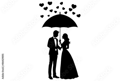 Couple sharing an umbrella with hearts isolated on white background, Vector, illustration