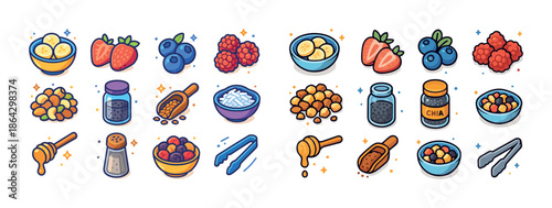 Colorful cartoon fruit and food icons with berries, bananas, and seasonings