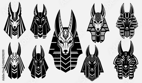 Anubis illustrations collection in various geometric styles, Egyptian mythology symbols, black and white artwork