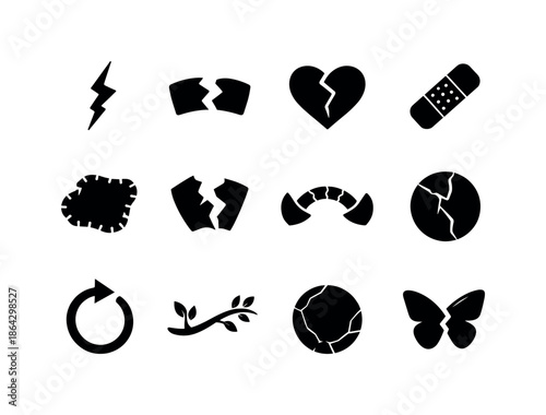 Broken Symbols Icons. Broken object symbolism. Solid icon set of broken object symbolism: crack line, fracture icon, imperfect beauty symbol, repair symbol,