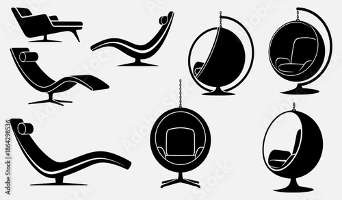 Collection of modern chairs illustrated in various styles and shapes displayed against a plain background