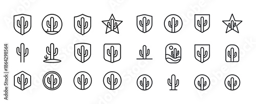 Cactus icon set: minimalist desert designs with shields and star