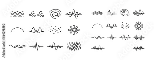 Collection of abstract geometric patterns with waves, circles, and lines