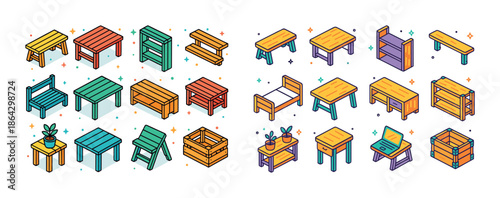 Colorful isometric furniture collection with tables chairs shelves and benches