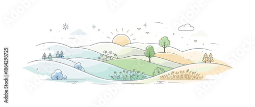 Minimalist Landscape Evolution. Landscape in transition. A wide horizon where ground textures gently move from one state to another, suggesting time passing.