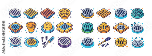 Colorful isometric drain covers and tools collection