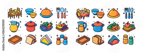 Colorful dining and kitchenware set with food, drinks, and tableware