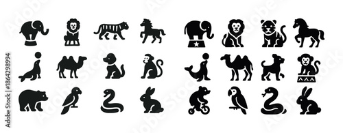Black silhouette icons of exotic animals in circus and zoo theme