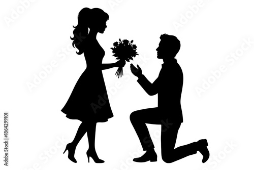 Man kneeling to give woman flowers isolated on white background, Vector, illustration