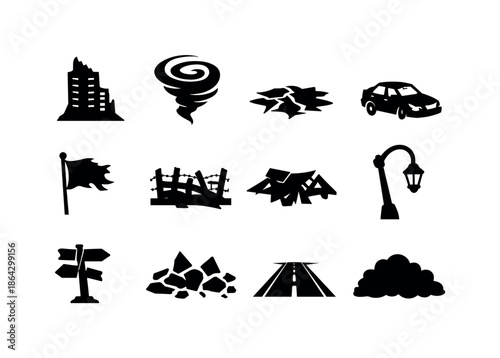 Apocalyptic City Icons. Apocalyptic city. Solid icon set of Apocalyptic city: ruined skyscraper, smoke swirl, cracked ground, abandoned vehicle, tattered flag,