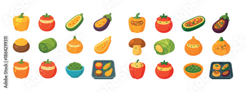 Various stuffed vegetables collection on white background