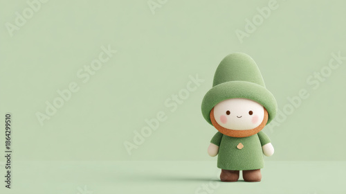 Cute plush leprechaun character in festive green attire. Adorable doll for St. Patricks Day celebration and holiday design element.