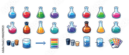 Colorful cartoon chemistry set with beakers and test tubes