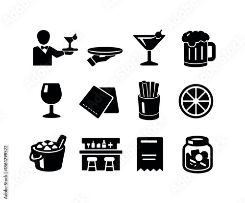 Serving Drinks Icons. Serving Drinks. Solid icon set of Serving Drinks: bartender handing cocktail, serving tray, martini glass, beer mug, wine glass, cocktail