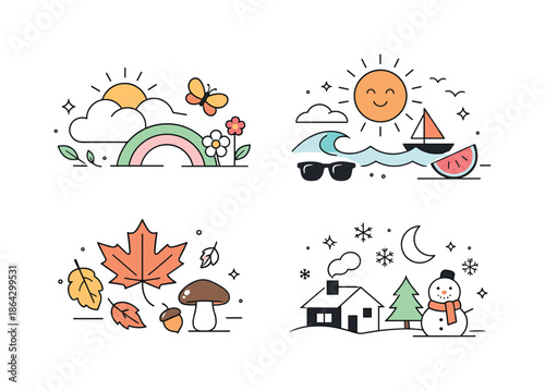 Seasonal Abstract Compositions. Seasonal concept sets. Abstract compositions representing seasonal moods through shapes and symbols, gentle transitions and