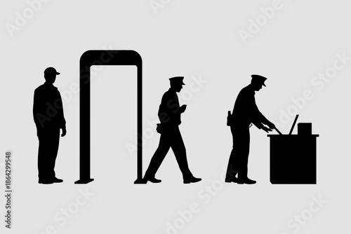 Security checkpoint with metal detector and officer isolated on white background, Vector, illustration