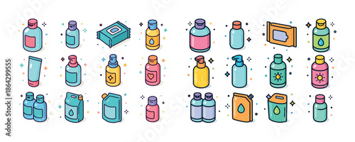 Colorful icon set of various personal care and cleaning product bottles