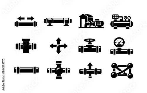 Pipeline Transport Icons. Pipeline transport. Solid icon set of Pipeline transport: fluid flow arrows, long distance pipeline, pump station, compressor unit,