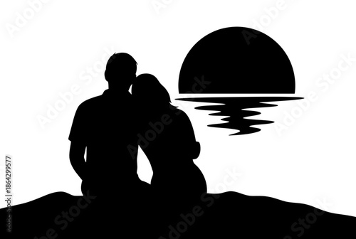Couple watching sunset isolated on white background, Vector, illustration