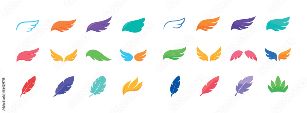 Fototapeta premium Colorful wing and feather icons in various shapes and styles