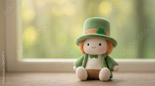 Cute leprechaun plush toy with green hat and clover ornament on a windowsill. Charming St. Patricks Day decoration for holiday greeting card.
