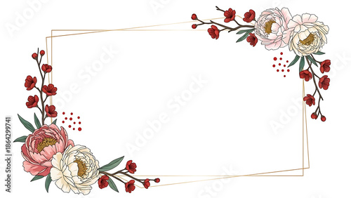 Elegant geometric gold frame adorned with beautiful pink and white peonies, vibrant red berries, and abstract dots, perfect for wedding invitations, greeting cards, or sophisticated decorative design