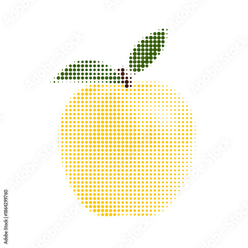 Halftone illustration of apple with green leaves in pop art style. Retro dotted texture effect, bright yellow and green colors, isolated on white background, stylized fruit design.