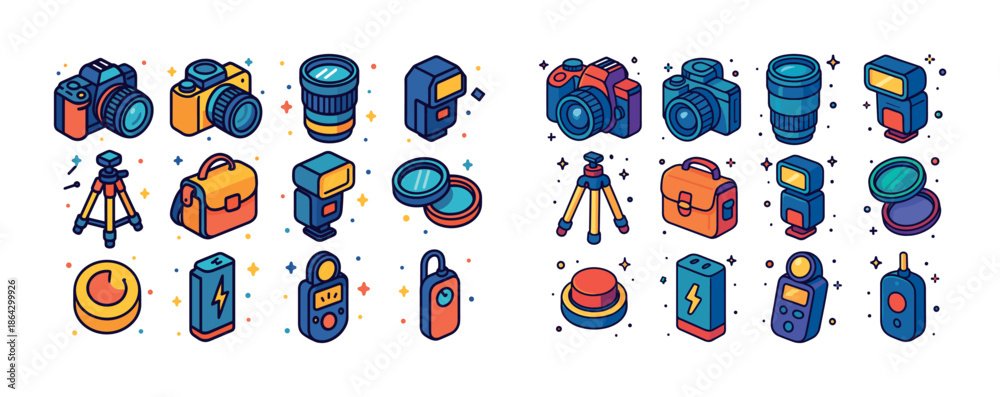 Fototapeta premium Colorful assorted camera equipment illustrations with accessories
