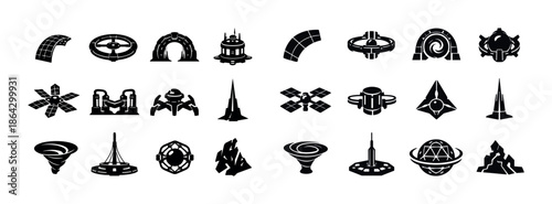 Monochrome futuristic science fiction icons collection