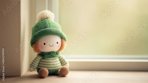 Cute leprechaun toy with green hat photographed with natural window light on a wooden surface for St. Patricks Day celebration.