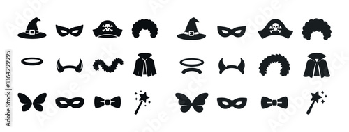Collection of silhouette costume icons: hats, masks, wigs, wings, and more