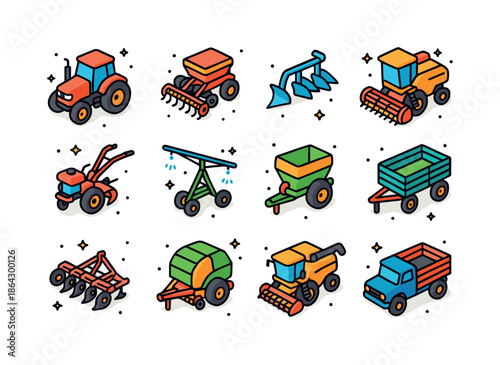 Agricultural Machinery Icons. Agriculture Machinery. Colorful is