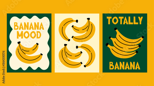 Banana poster collection with fun tropical energy. Bright yellow fruit illustrations in a playful, modern style for interiors.