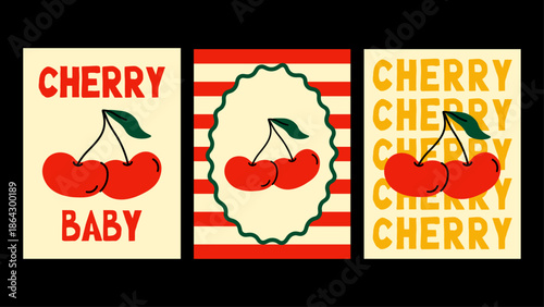 Cherry-inspired poster set with a bold, sweet mood. Retro fruit aesthetic and vibrant red accents for stylish wall decor.