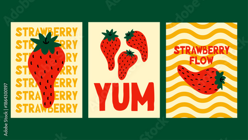 Strawberry-themed poster set with sweet summer vibes. Juicy red berries, playful mood and fresh food aesthetic for wall decor.