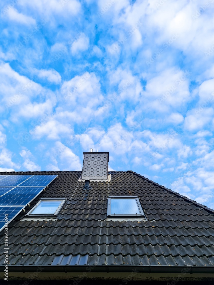 Fototapeta premium Solar panels generating clean energy on residential roof