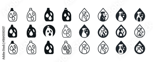 Set of cleaning product icons featuring bottles and droplets in