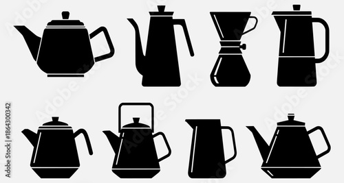 Various Coffee Makers and Kettles Silhouetted Against a Neutral Background