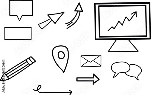 A collection of business and communication icons in a simple line drawing style