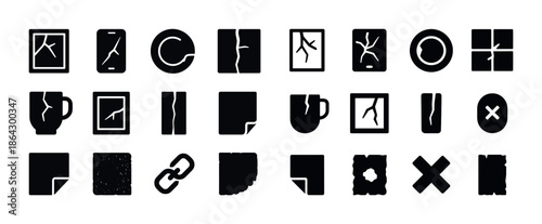 Collection of broken glass and crack icons in various shapes and